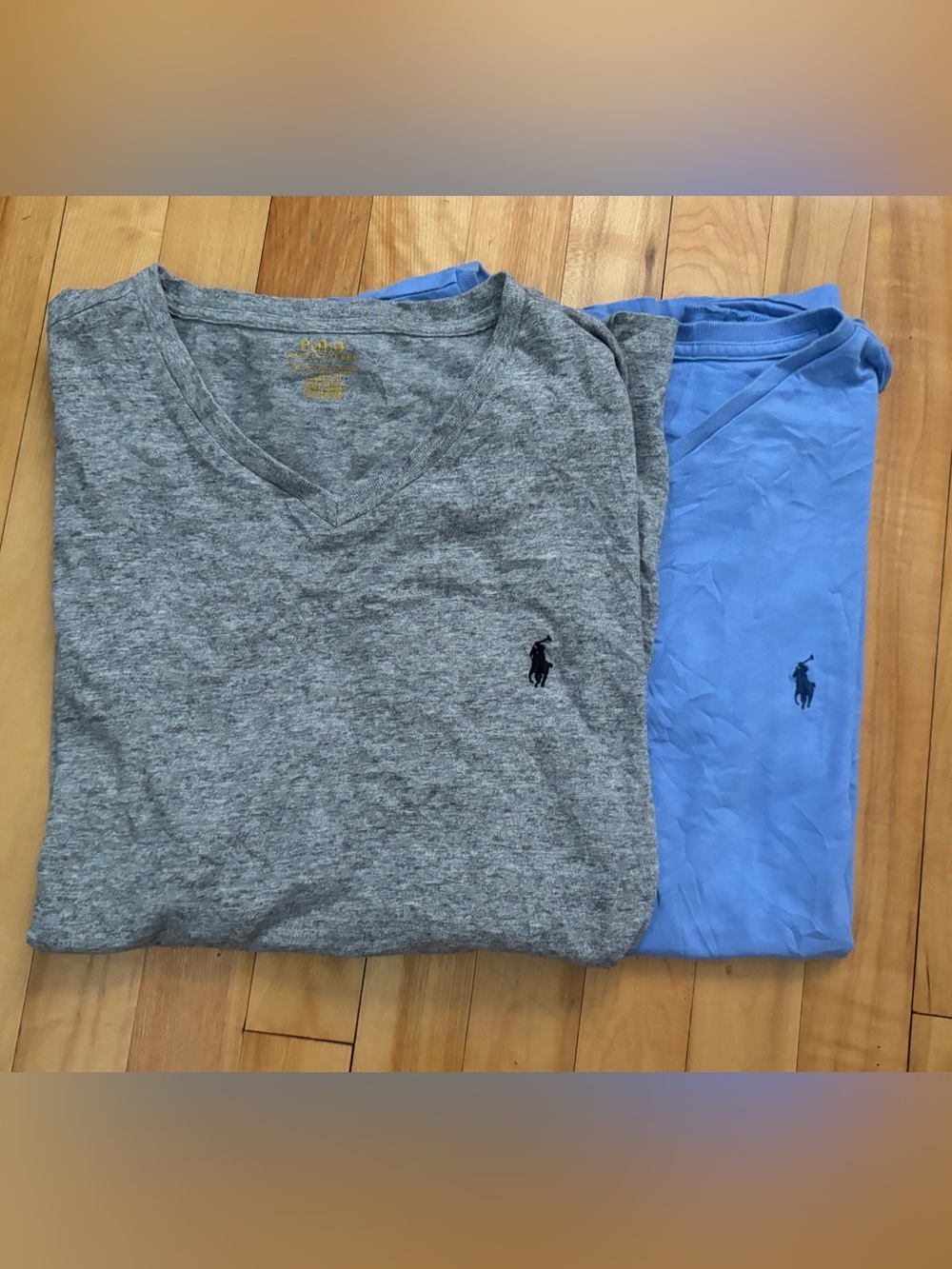 2 Men’s Ralph Lauren V-Neck Tees - Heather Gray & Sky Blue